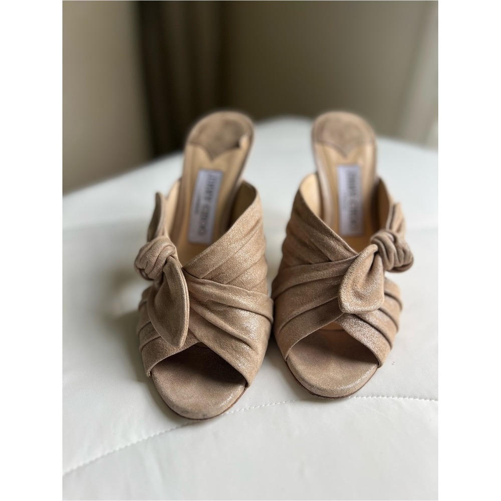 Jimmy Choo Beige Suede Bow Pleated Stiletto Mule Open Toe Women's Heels Size 38 - Picture 3 of 13